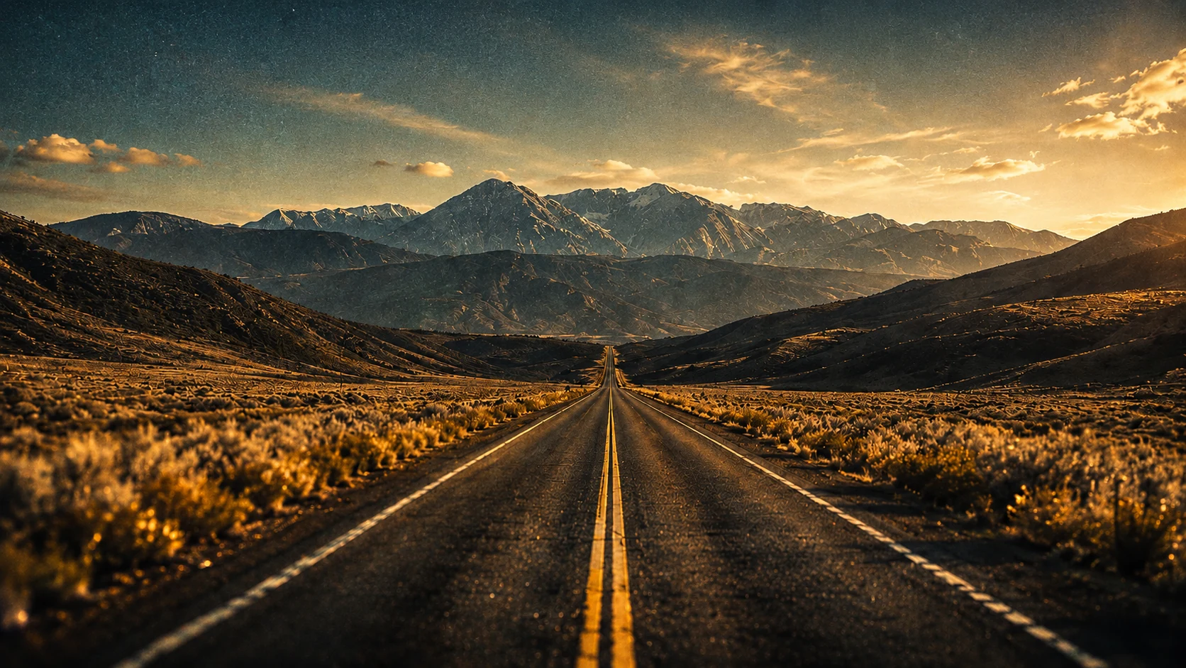 Open road at sunset with mountains